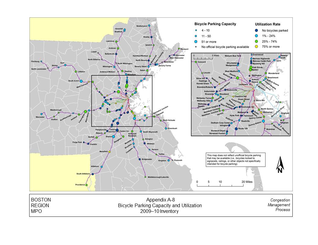 This figure displays the parking capacity and utilization rates for bicycle racks for 2009–10. The parking capacity and utilization rates for bicycle racks for each MBTA station is indicated by the color and size of a single circle or square. Small bicycle capacity (4-10 bicycles) is indicated by a small circle, medium bicycle parking capacity (11-50 bicycles) is indicated by a medium circle, large bicycle capacity (51 or more bicycles) is indicated by a large circle, and a grey square indicates that no official bicycle parking is available. A dark blue circle indicates that no bicycles are parked at the rack, a light blue circle indicates that the bicycle racks are 1 percent to 25 percent utilized, a green circle indicates that the bicycle racks are 25 to 74 percent utilized, and a yellow circle indicates that the bicycle racks are 75 percent or more utilized. There is an inset map that shows the inner Boston region.